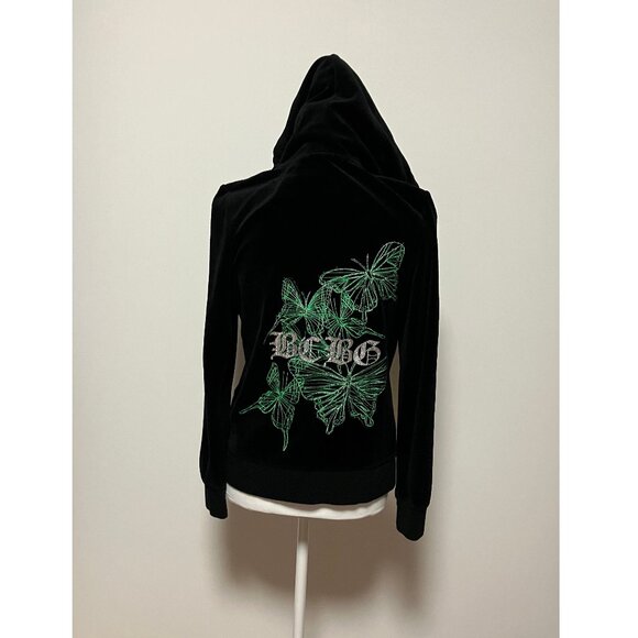 BCBG Maxazria Black Velour Hoodie With Green Butterflies, Size Large, Full Zip - Picture 7 of 13
